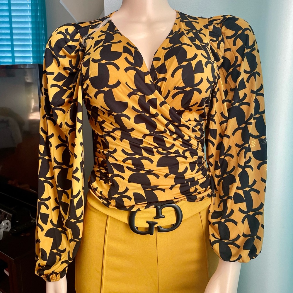 Women's Yellow and Black Wrap Top